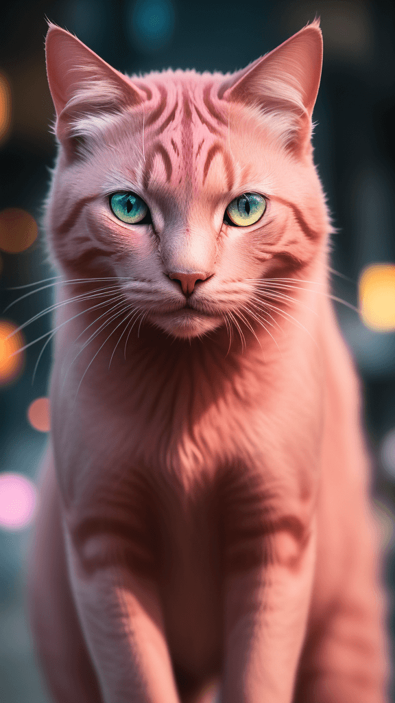 AI generated: Portrait photo of pink cat with fill of lightening colors, fierce eyes, light bokeh, intricate, (ste...