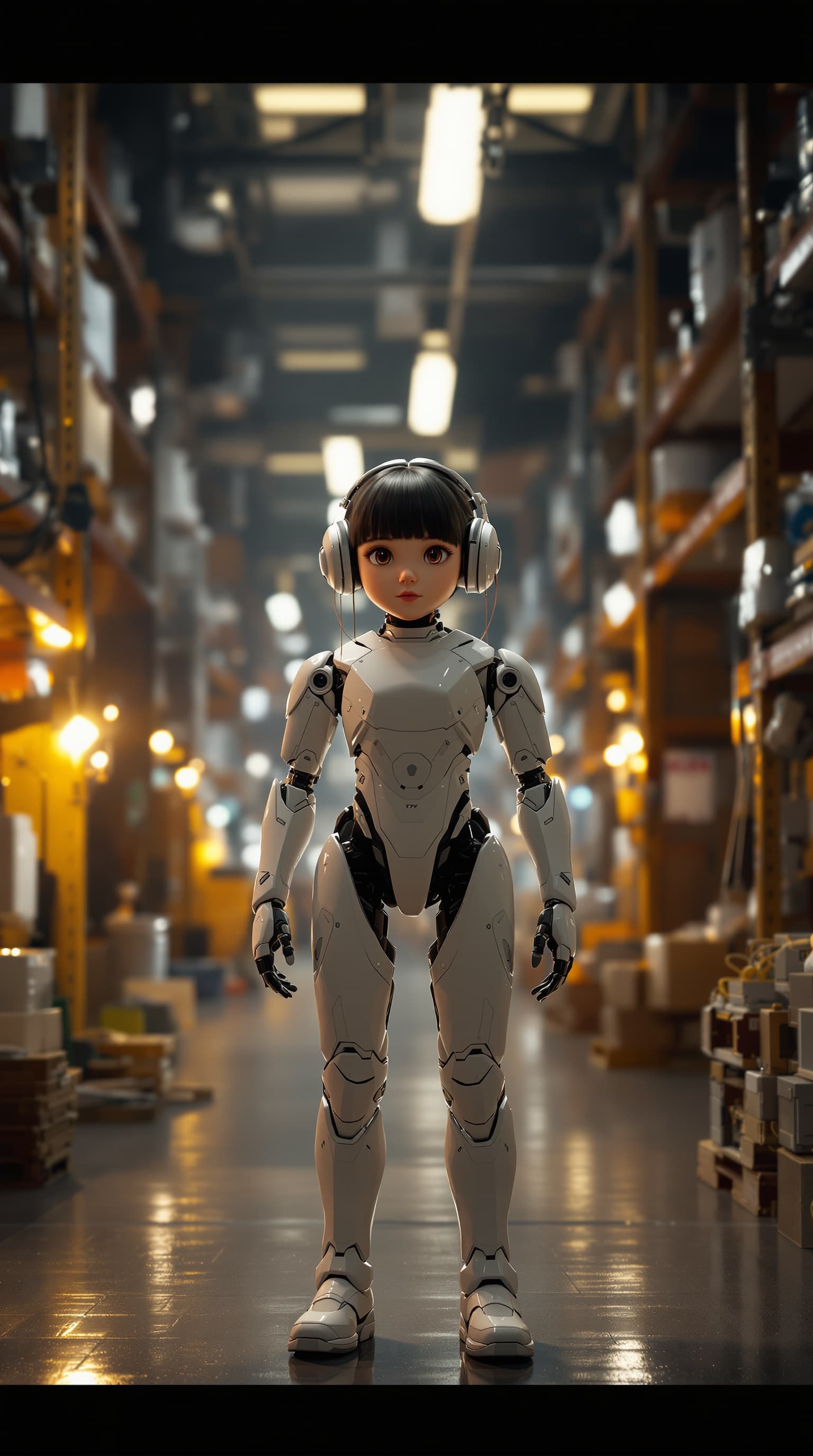 AI generated: A hyper-realistic depiction of a eight year old android of Celine Tam, standing in a android parts w...