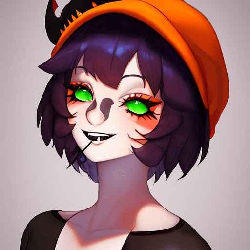 AI generated: The personification of the Halloween holiday in the form of a cute girl with short hair and a villai...
