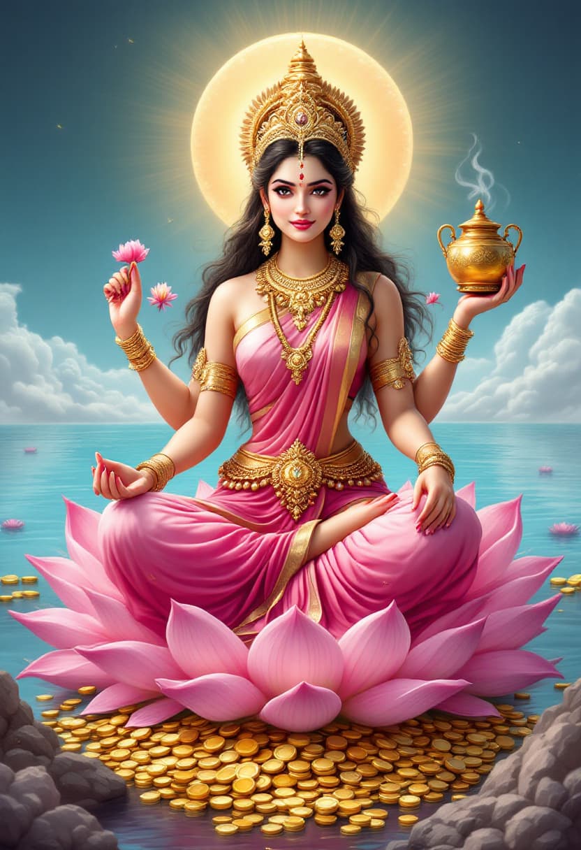 AI generated: A beautiful Laksmi goddess in a pink sari,4 arms,holding golden pot with coins and lotus buds,sits o...
