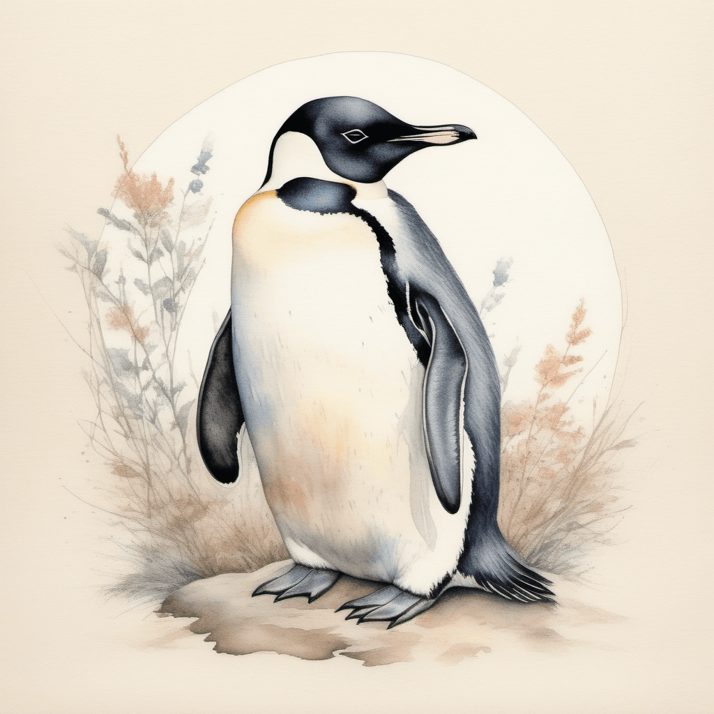 AI generated: young round penguin, highly detailed fine pencil lines, watercolour painting, japanese style, pastel...