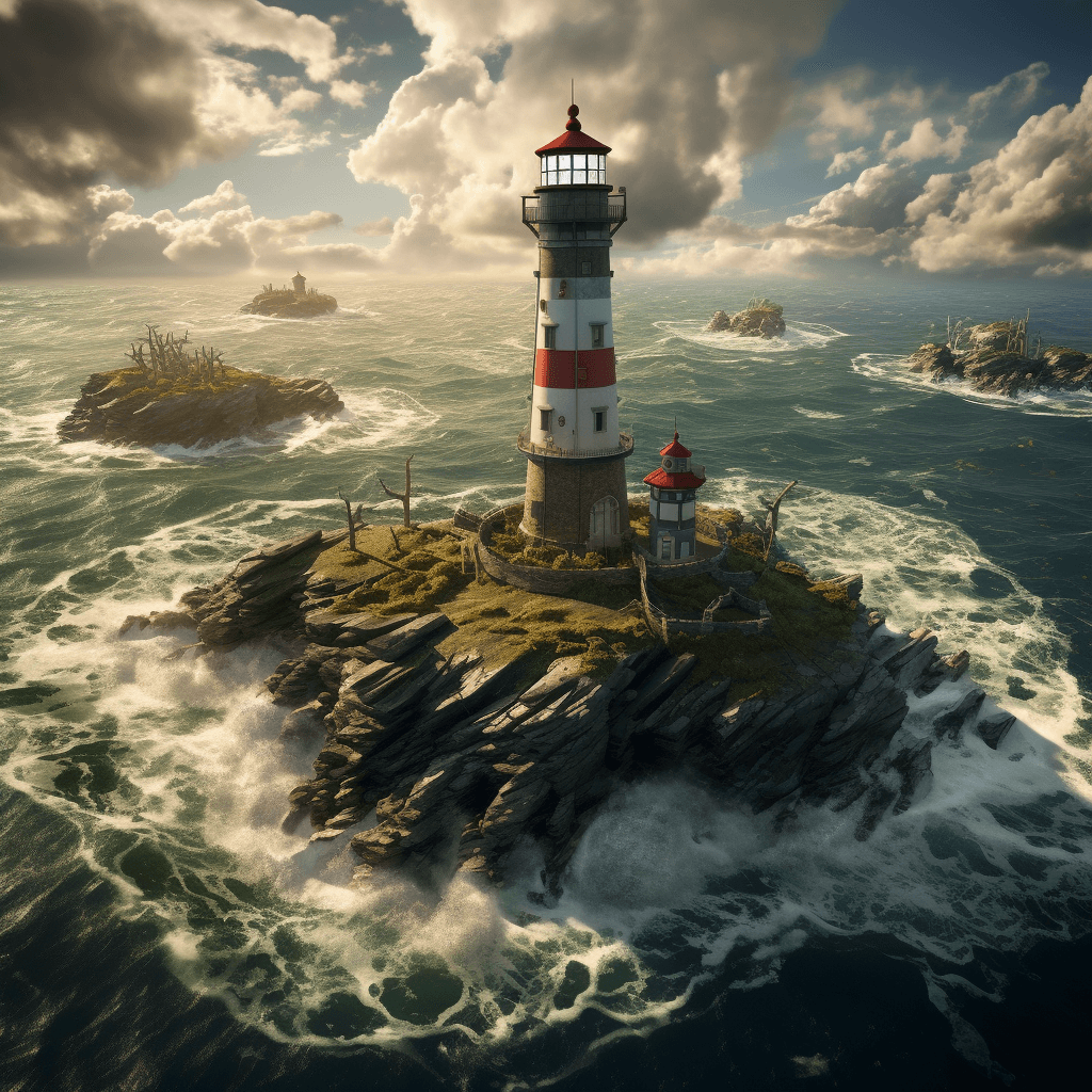AI generated: a lighthouse sitting on a small island in the ocean, in the style of photorealistic fantasies, cryen...