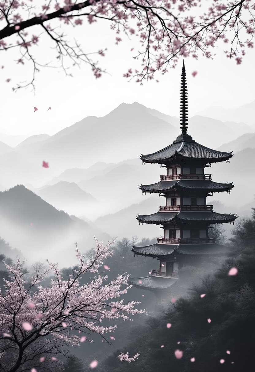 AI generated: A traditional Japanese pagoda standing in a misty mountainous landscape, mid-range cinematic shot, b...