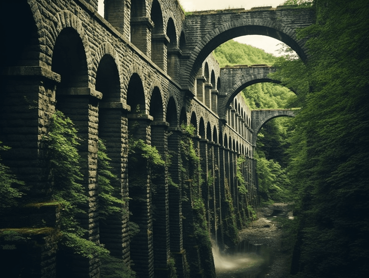 AI generated: this aqueduct was built by the romans in the 7th century, in the style of cinestill 50d, dada-inspir...