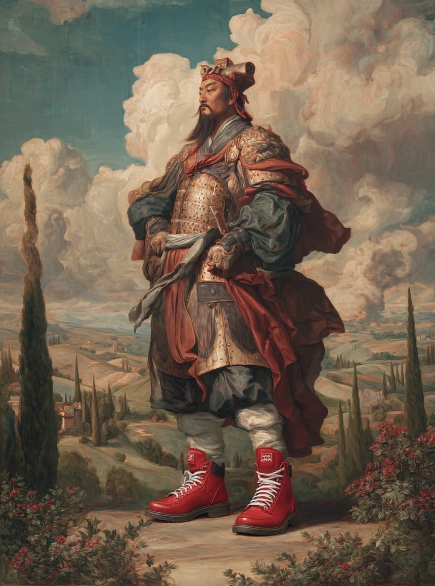 AI generated: Replace the shoes with MSCHF Big Red Boots
