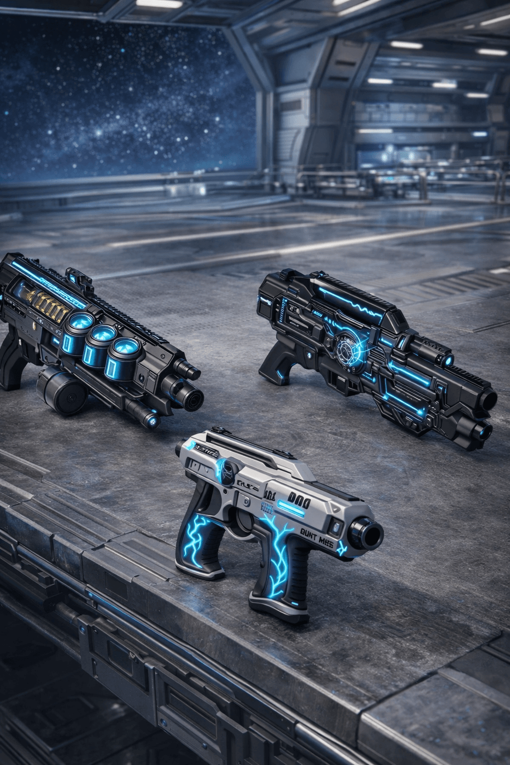 AI generated: Create an image where the characters are removed and their weapons are displayed. Display the weapon...