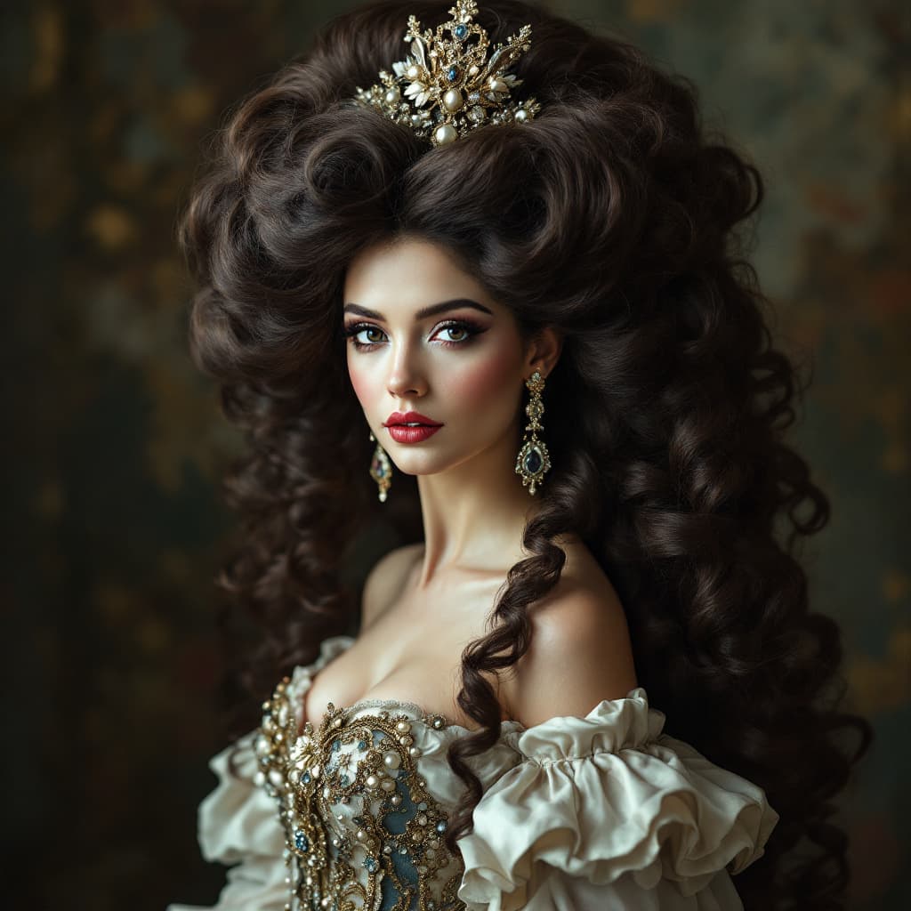 AI generated: image of "Rococo Cinderella as glamorous opera star", elaborate gown, huge rococo hair, head and sho...