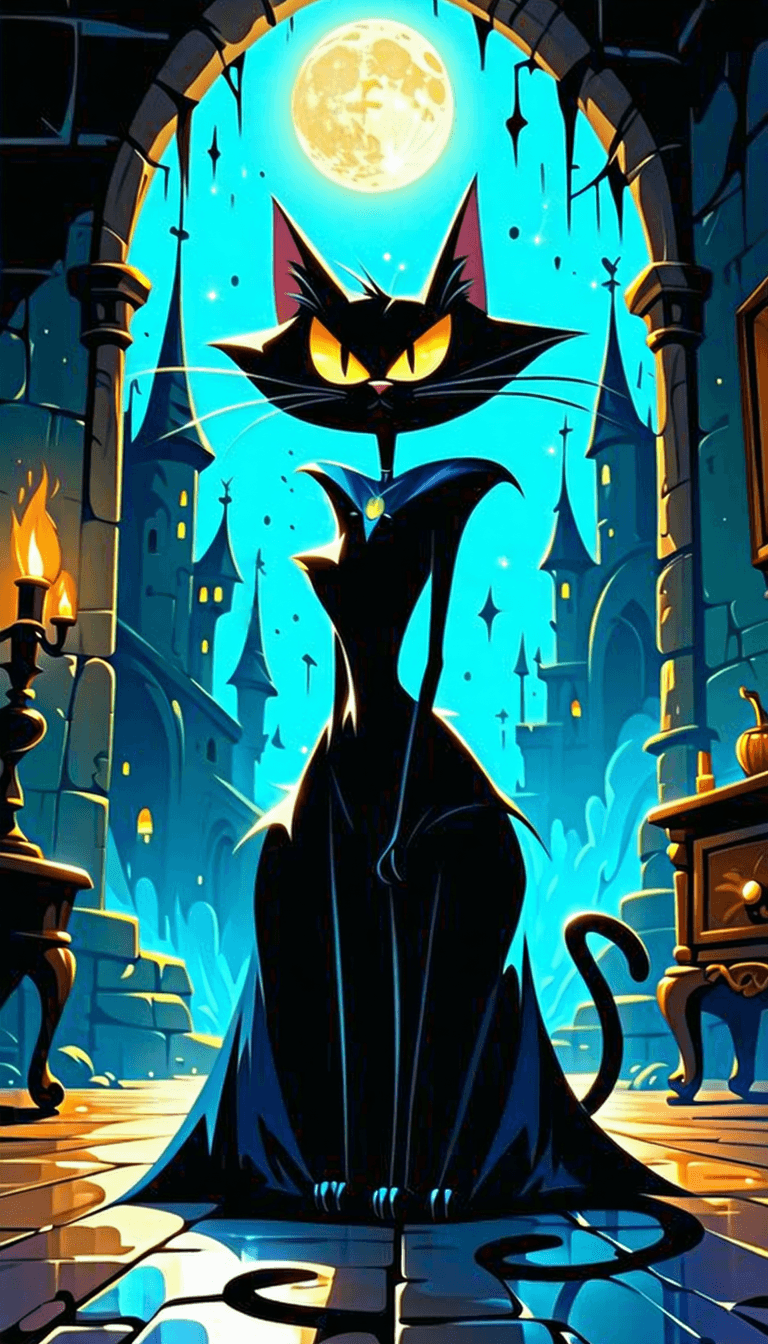 AI generated: An ultrarealistic and her sinister cat in a magic room looking direct to cam,in style of munch,cinem...