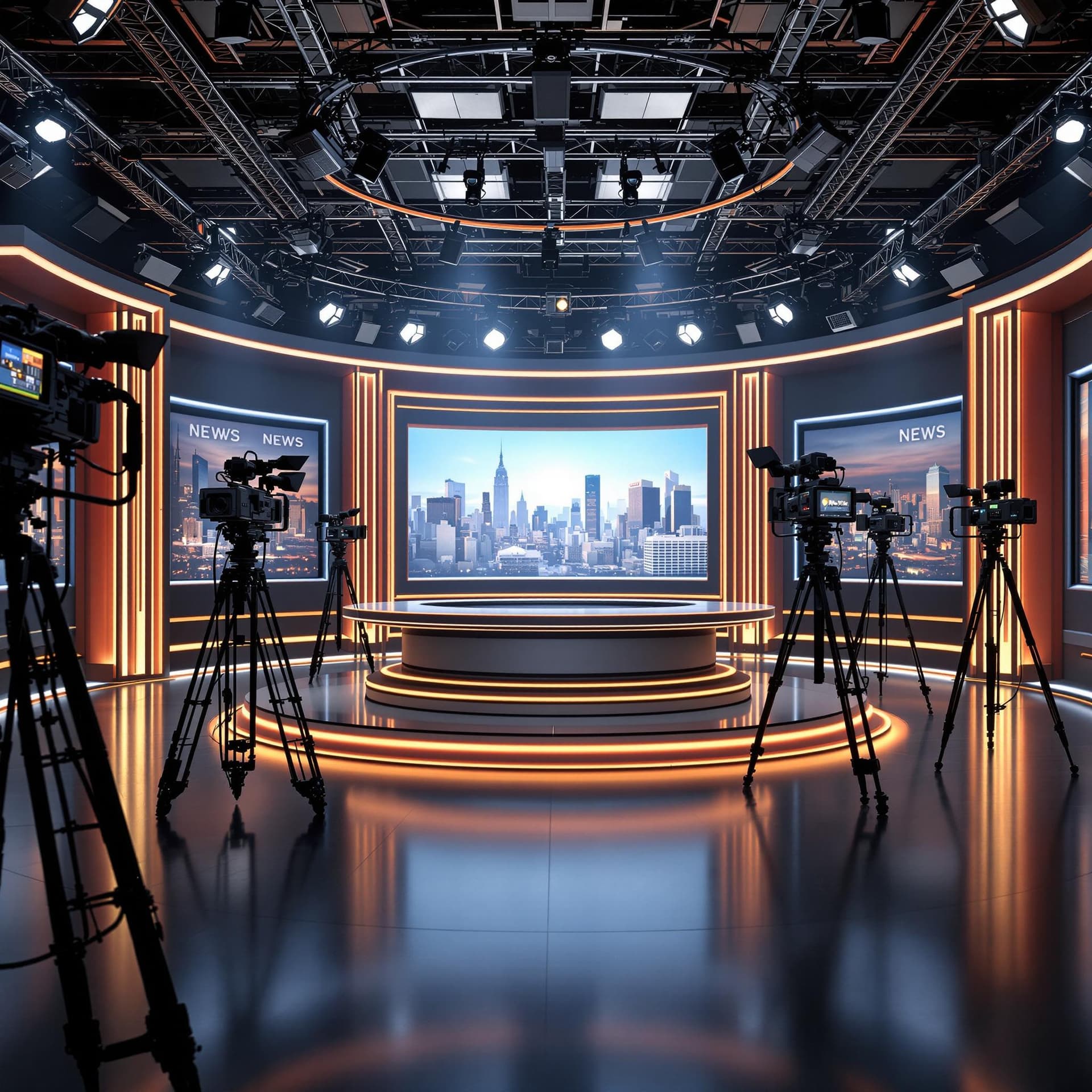 AI generated: EMPTY NEWSROOM WITH CAMERAS AND A NEWS REPORTING DESK IN THE CENTER, cinematic, hyper realism, high ...