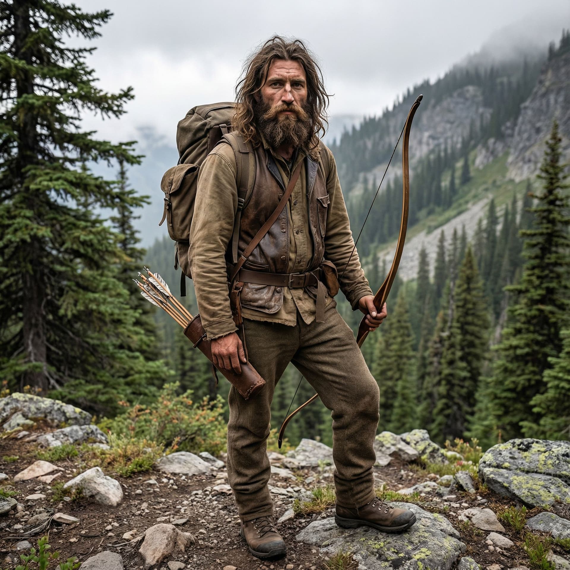 AI generated: Full body Wide shot, photorealistic image of a male human ranger in his early 30s with long brown un...