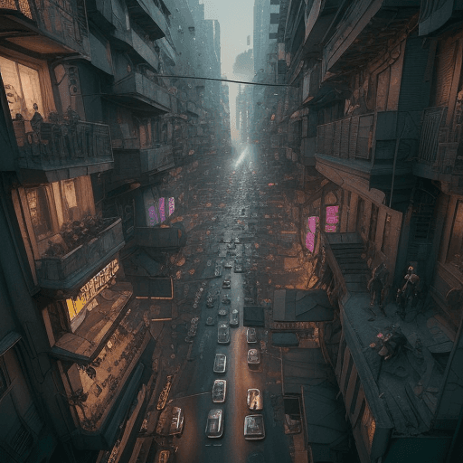 AI generated: ((best quality, masterpiece, RAW photo, digital drawing, cyberpunk style )), high angle shot from ab...