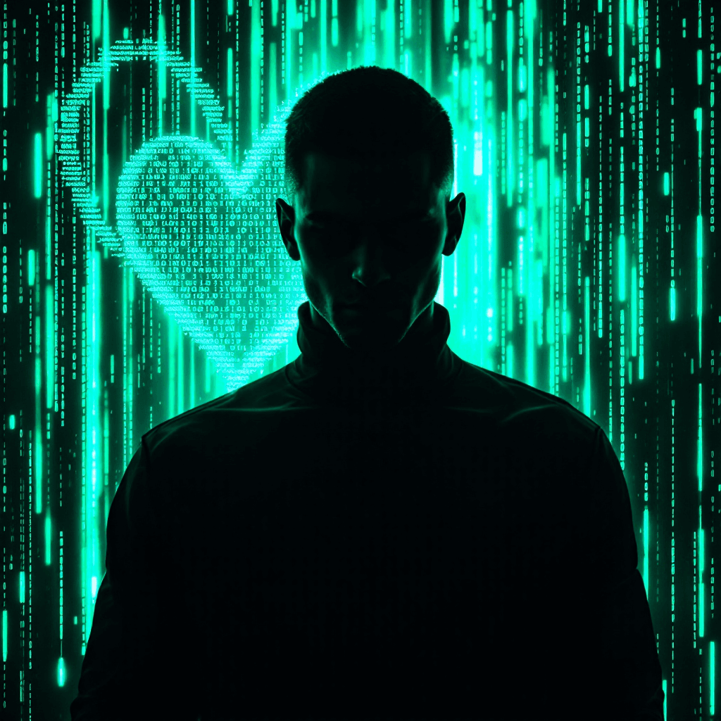 AI generated: The background is a mesmerizing, glowing matrix grid in a vibrant light green hue, with cascading st...