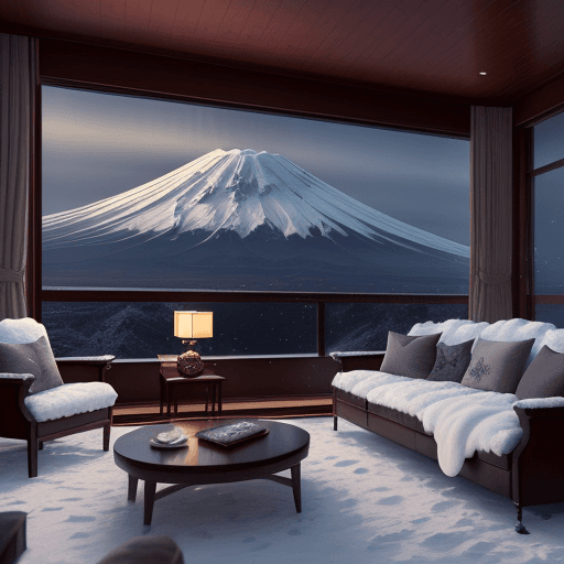 AI generated: Winter Atmosphere Snowfall on the Mount Fuji  ~ Luxurious Living Room and Soft Jazz Music for Relax ...