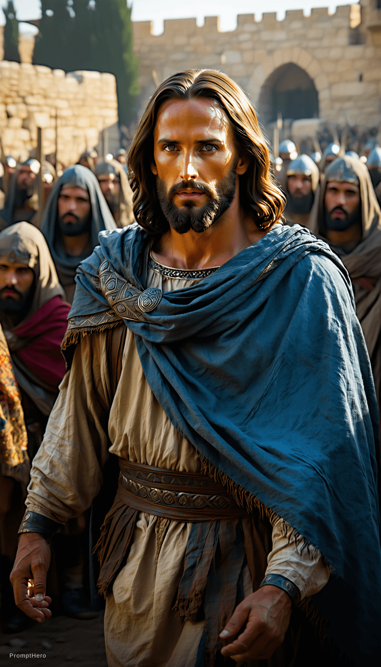 AI generated: jesus parado al frente de un demonio en jerusalem. photorealistic, ultra-realistic, cinematic biblic...