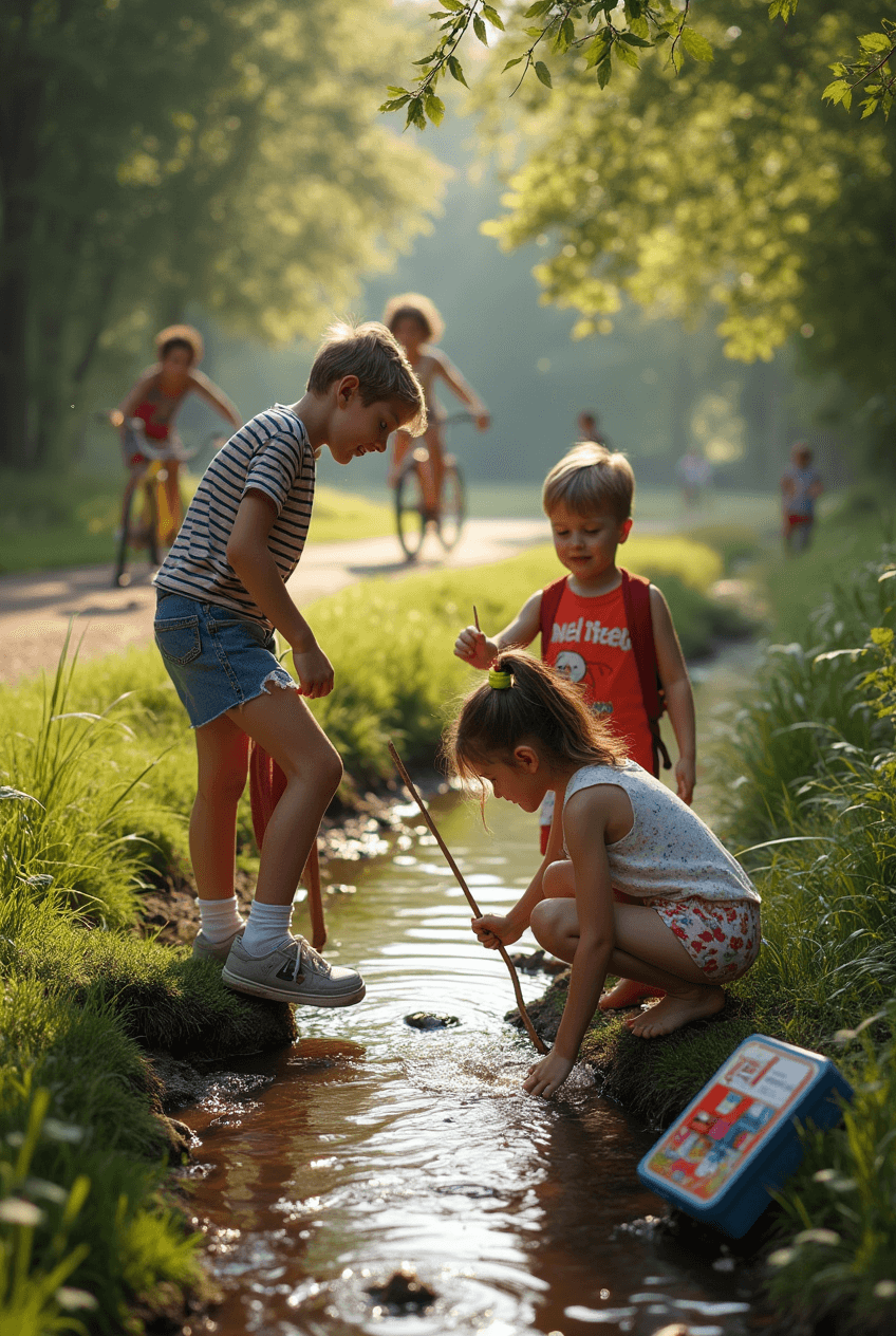 AI generated: A heartwarming scene from the 1980s, capturing a group of s playing by a small, winding creek on a l...