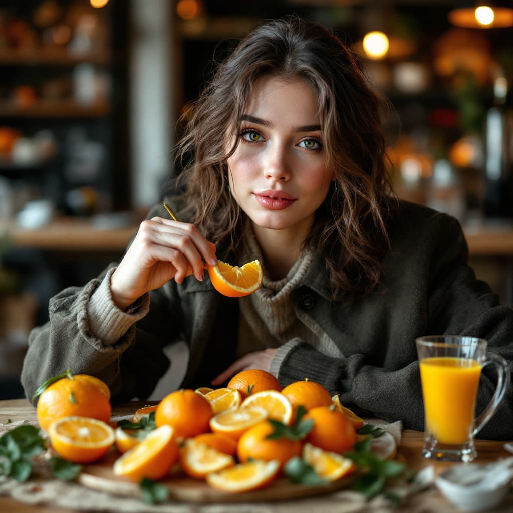 AI generated: a female sitting in table :1.3), (eating orange  :1.3), (a large plate of  orange and a mug of Orang...