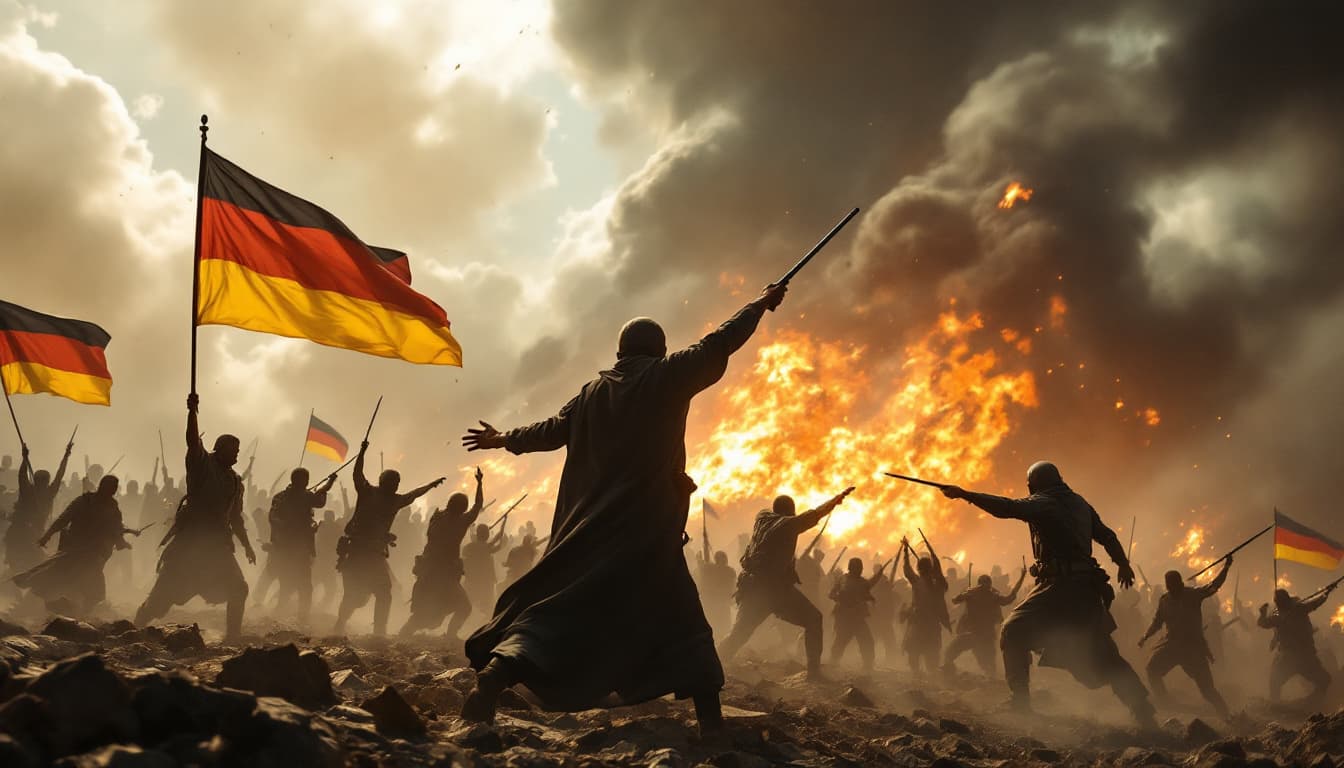AI generated: epic scene of Christians and Muslims fighting together against evil terrorists, German flags can be ...