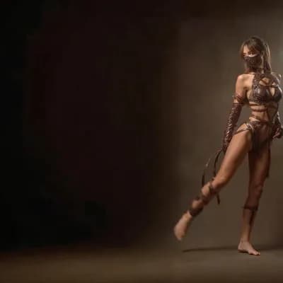 AI generated video: the woman raises one leg vertically perpendicular to the ground while balancing on one foot