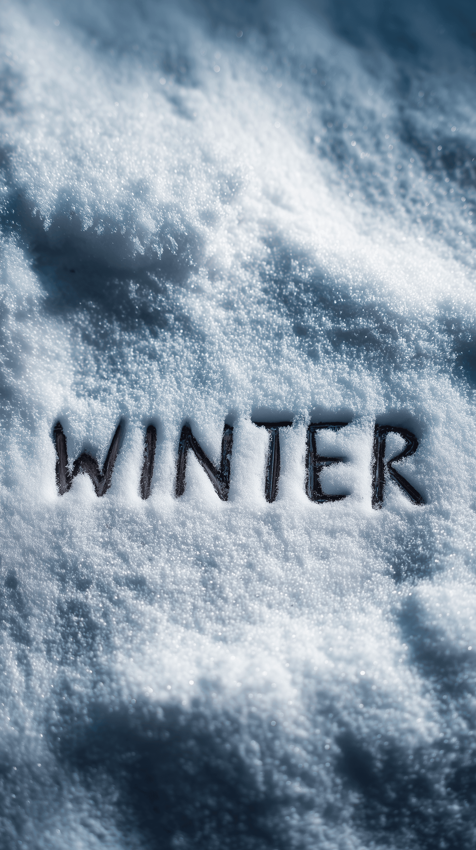 AI generated: photography, top view, lettering "WINTER" written on the soft powder snow, night atmosphere, realist...