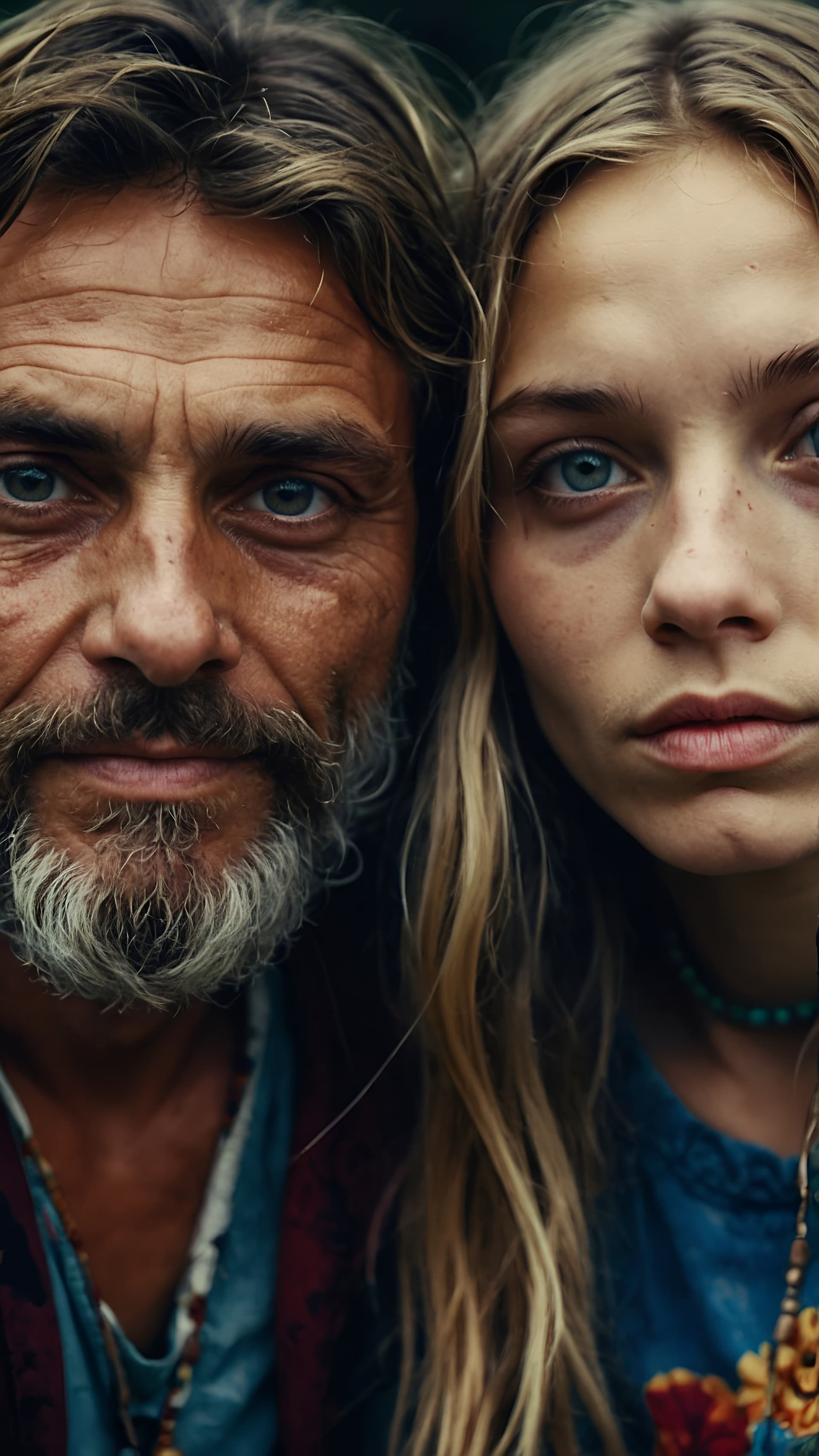 AI generated: Two hippies Close up portrait, ambient light, Nikon 15mm f/1.8G, by Lee Jeffries, Alessio Albi, Adri...