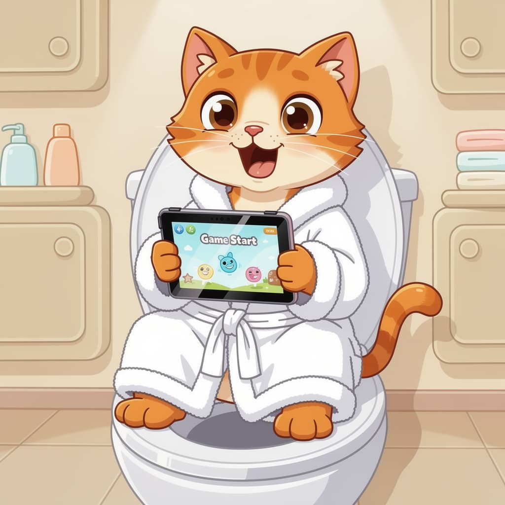 AI generated: A cartoon ginger cat, seated on a white toilet seat, is using a tablet. The cat is young, with large...