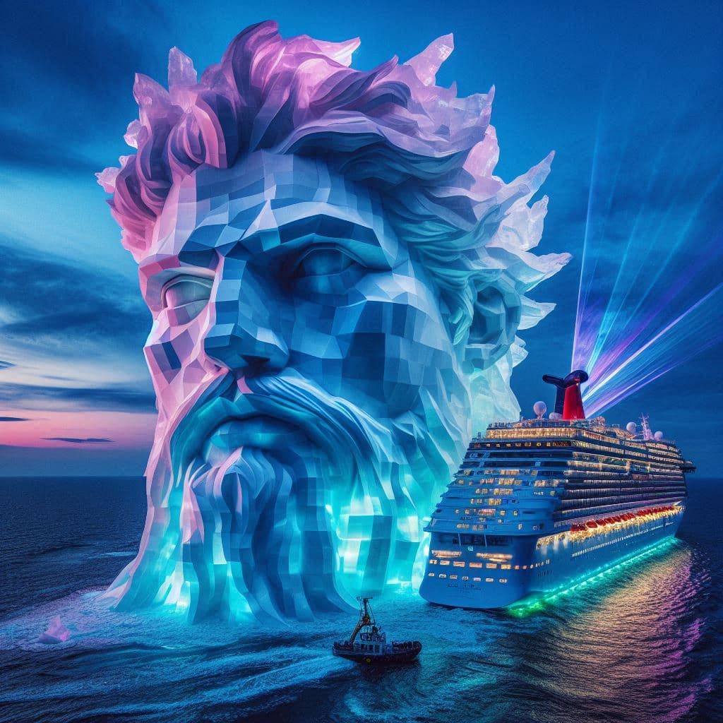 AI generated: Cubistic Poseidon the god of the oceans sculptured out of an iceberg. Drifting in the Atlantic Ocean...