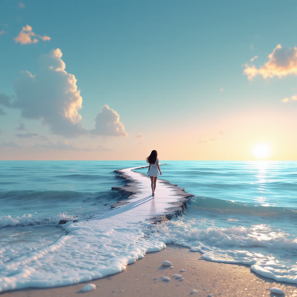 AI generated: A charming 3D rendering of a real scene where a large eraser erases the ocean, revealing dry land. A...
