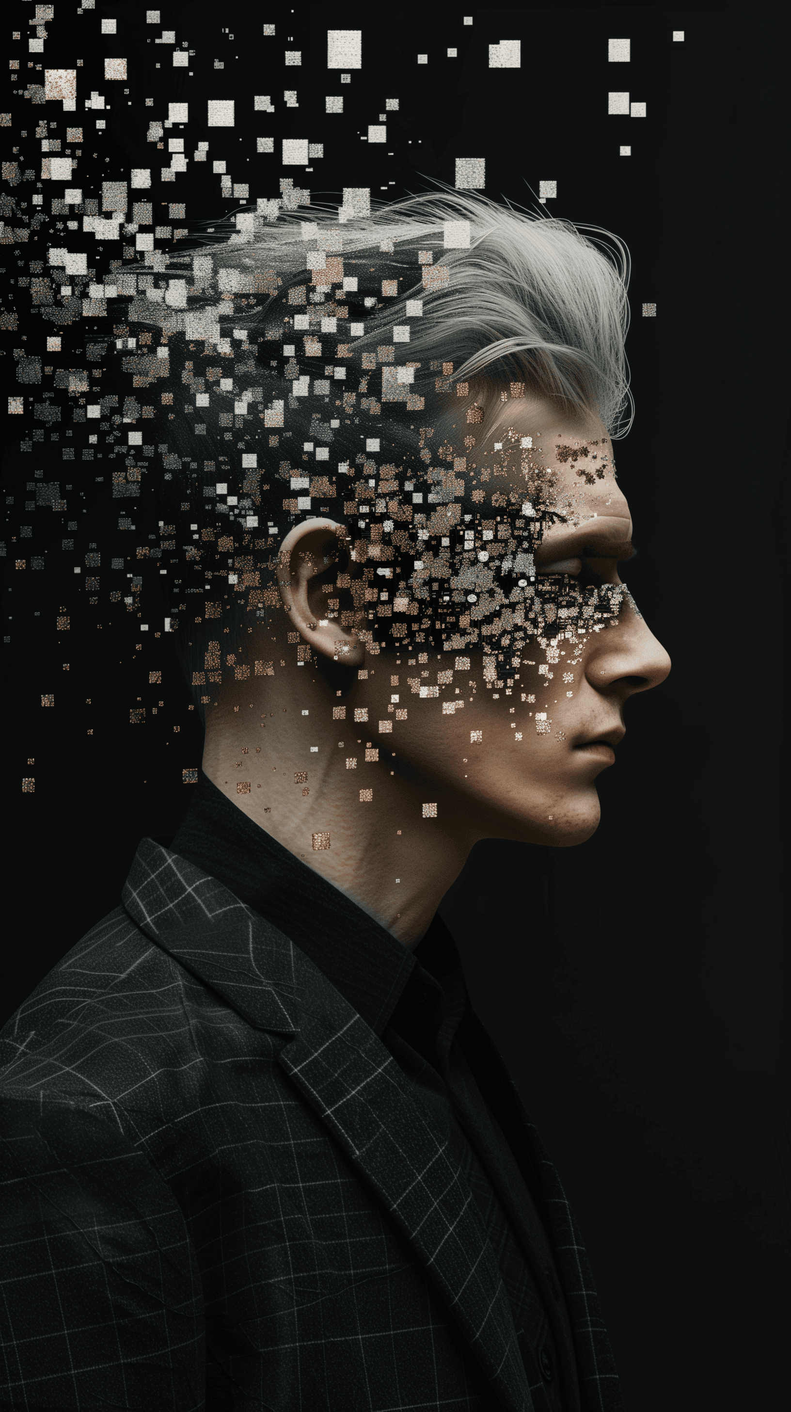 AI generated: hyper-realistic portrait of a man with solid grey color hair, styled in a contemporary look, wearing...