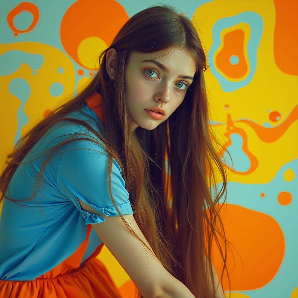 AI generated: Subject: A young woman with long hair cascading down her shoulders, adorned in a vibrant outfit of b...
