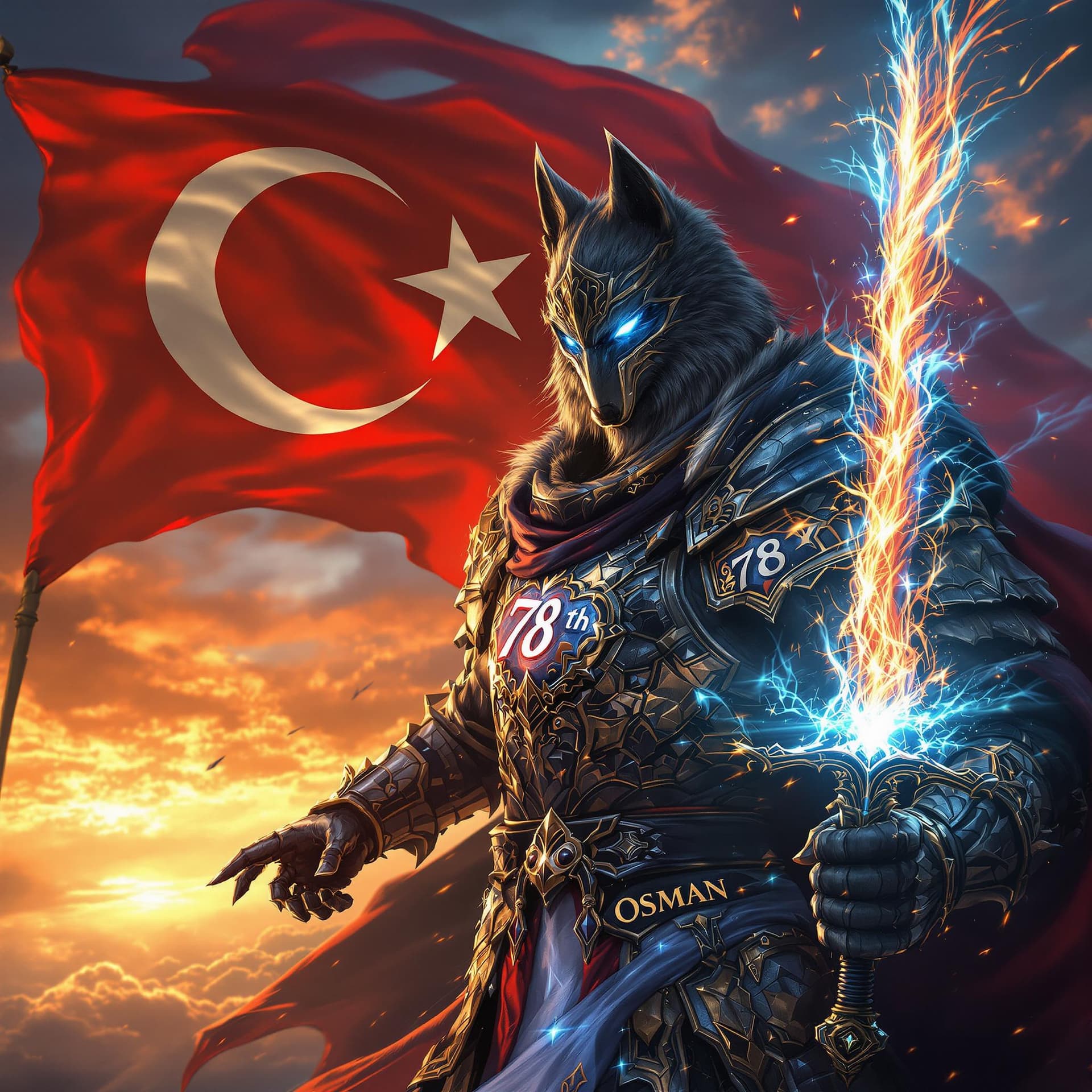 AI generated: A fierce Knight warrior clad in traditional armor inspired by ancient Turkish mythology, holding a s...