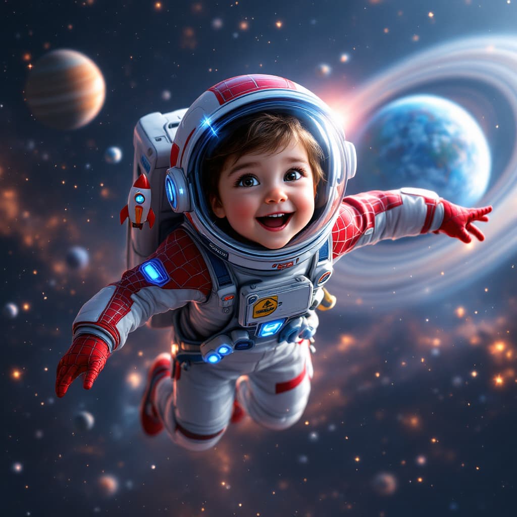 AI generated: "Create a highly realistic digital illustration of a 3-4-year-old child exploring space in a detaile...