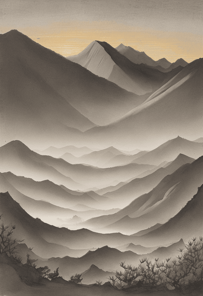 AI generated: Chinese ink wash painting, majestic mountains, lush forests, glittering lakes, desert dunes, golden ...