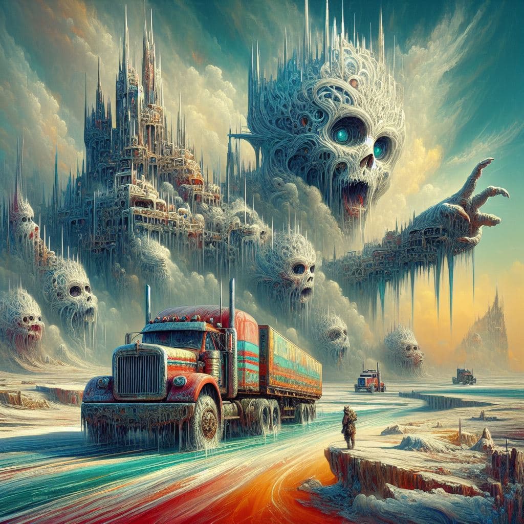 AI generated: Iceroad trucker, dieselpunk, biopunk, dreampunk, fractal art, surreal, cubistic art, painterly, styl...