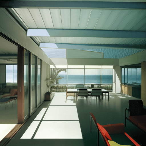 AI generated: Hyper realistic eye level exterior photo of a mid century modern style house overlooking the ocean, ...