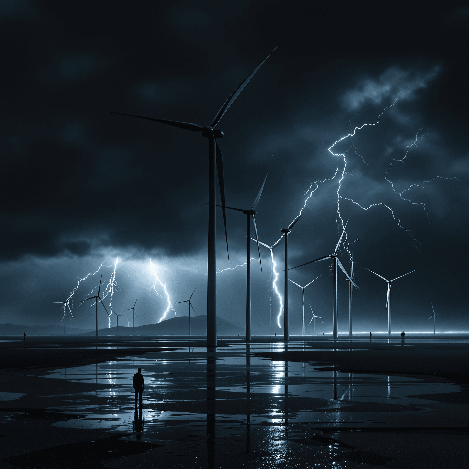 AI generated: minimalist sci-fi, technicians approach giant turbines, lightning flashes in distance, rain-slicked ...