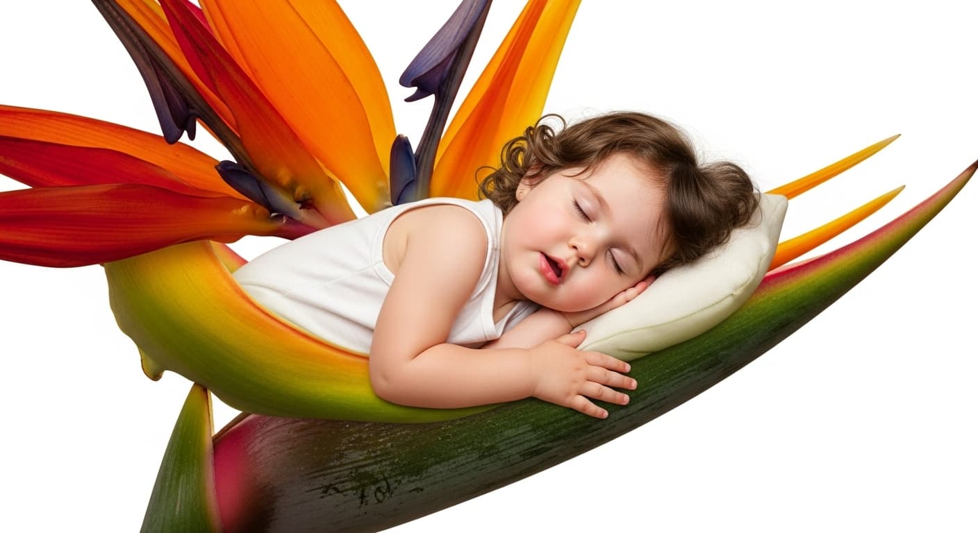 AI generated: In the calyx of an exotic flower a very cute toddler girl lies and sleeps, white background