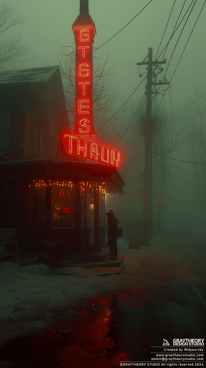 AI generated: photography, store side, restrained beauty, realism lights, a thick fog effect, some people silhouet...