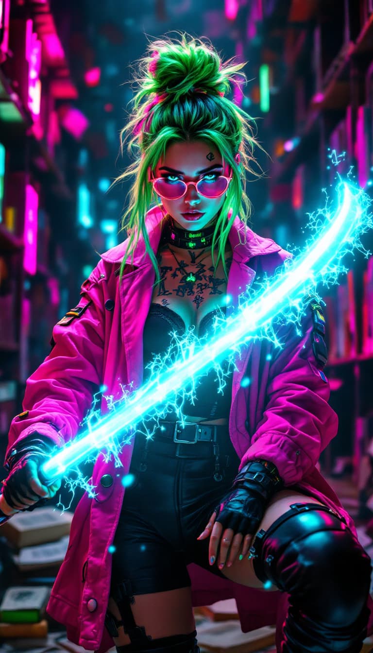 AI generated: An ultra-realistic, full-body action shot of a captivating neon-pink librarian, wielding knowledge w...