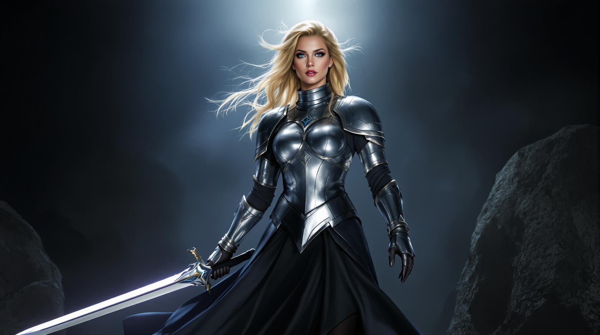 AI generated: The image depicts a woman in a fantasy setting, dressed in armor and holding a glowing sword.
The wo...