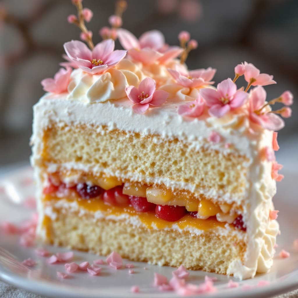 AI generated: Close up photograph of a slice of layered cake with a cherry blossom theme, a layer of fruit filling...