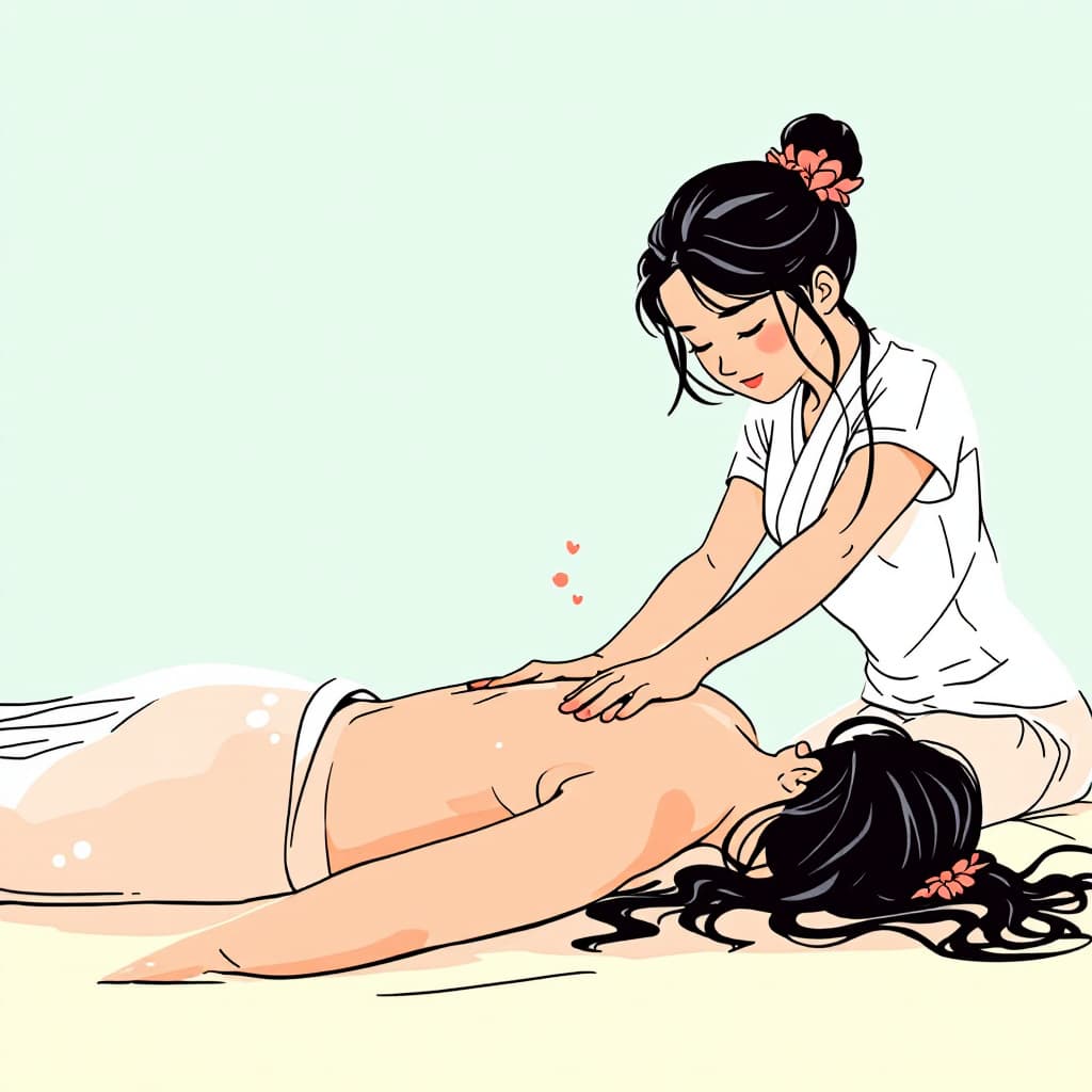 AI generated: a manga style hawwaiian massage image in abricot colors
