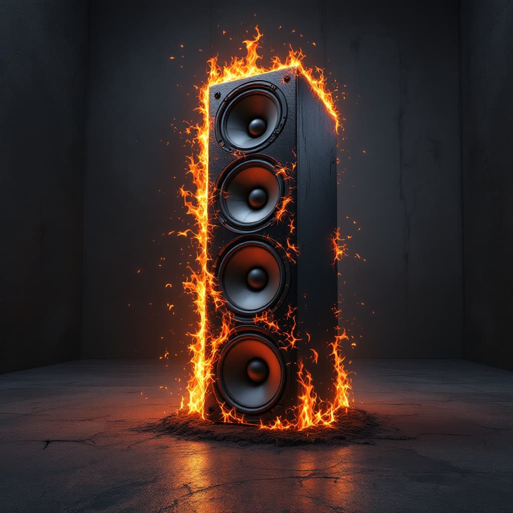 AI generated: tall music speaker with 3 woofers on all sides on fire in a deserted room with dark abstract walls a...
