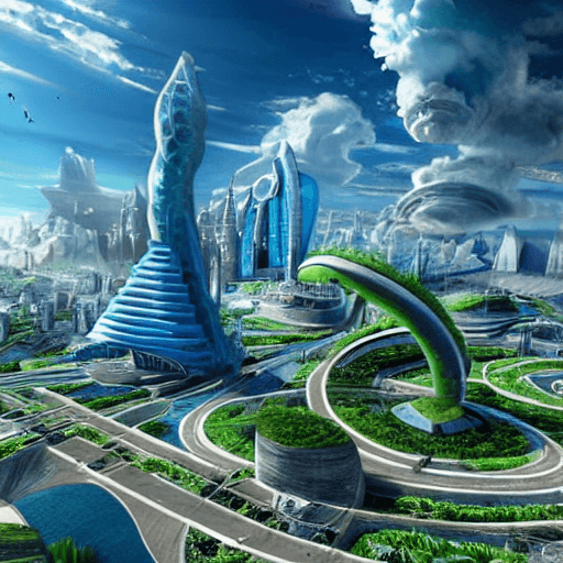 AI generated: futuristic hyper-realistic sci-fi city of atlantis with wispy clouds in a blue sky and lots of natur...