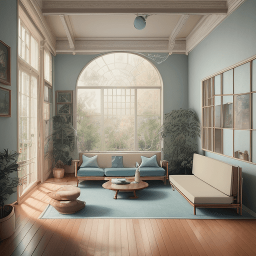 AI generated: High resolution photography interior design, dreamy sunken living room conversation pit, wooden floo...