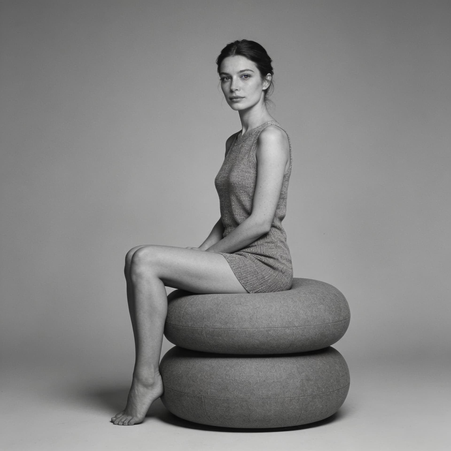 AI generated: Professional studio portrait of a woman. She is sitting on two stacked, modern, rounded grey cushion...