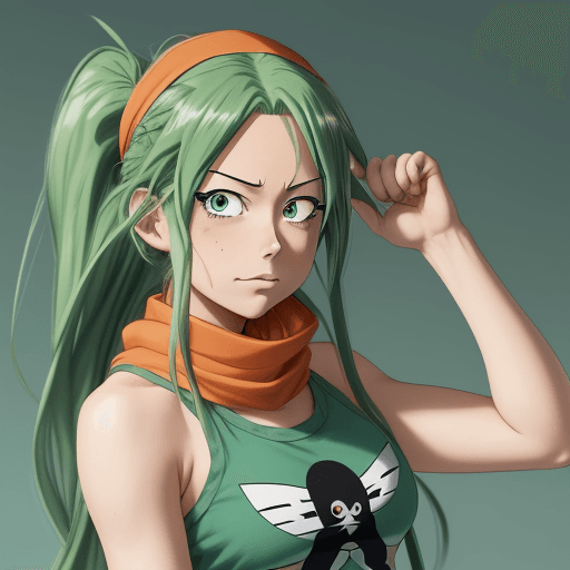 AI generated: emie_mha,emiemhafx,orange bandana,anime,Seafoam green hair,dark green eyes,long hair,MHA,My Hero Aca...