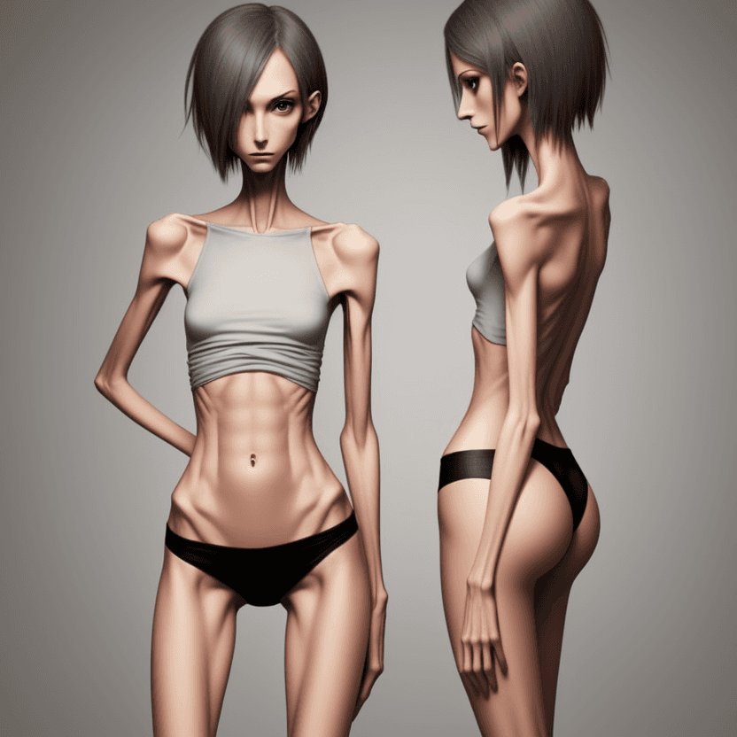 AI generated: extreme beautiful skinny slender (almost anorexic)  girl with skinny slender thighs narrow, 
