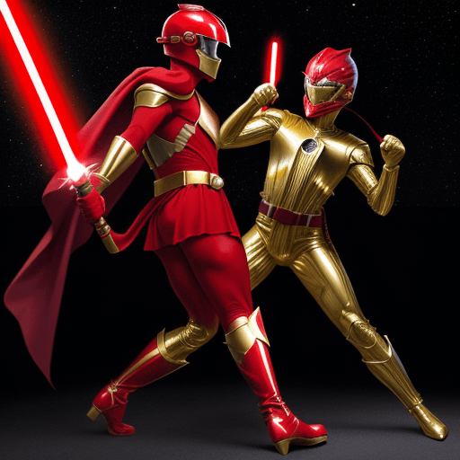 AI generated:  RED SPANDEX SUIT, WITH GOLD GLOVES AND BOOTS , wearing a RED ranger helmet HOLDING a lightsaber vs ...