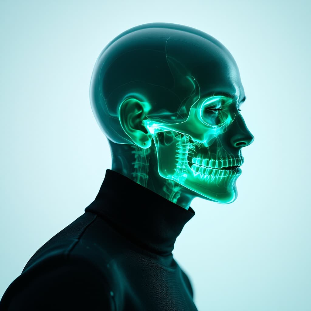 AI generated: ethereal portrait of a man, transparent skin revealing her skull, glowing with a neon-green bio-lumi...
