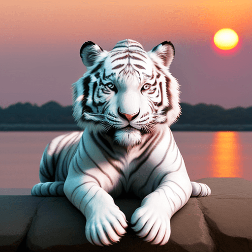 AI generated: A cute white tiger, sunset, 1:1, zoomed, ultra quality